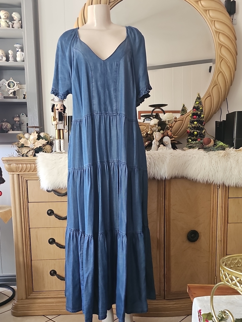 Blue Tiered V-Neck Maxi Dress Soft Denim Size Medium